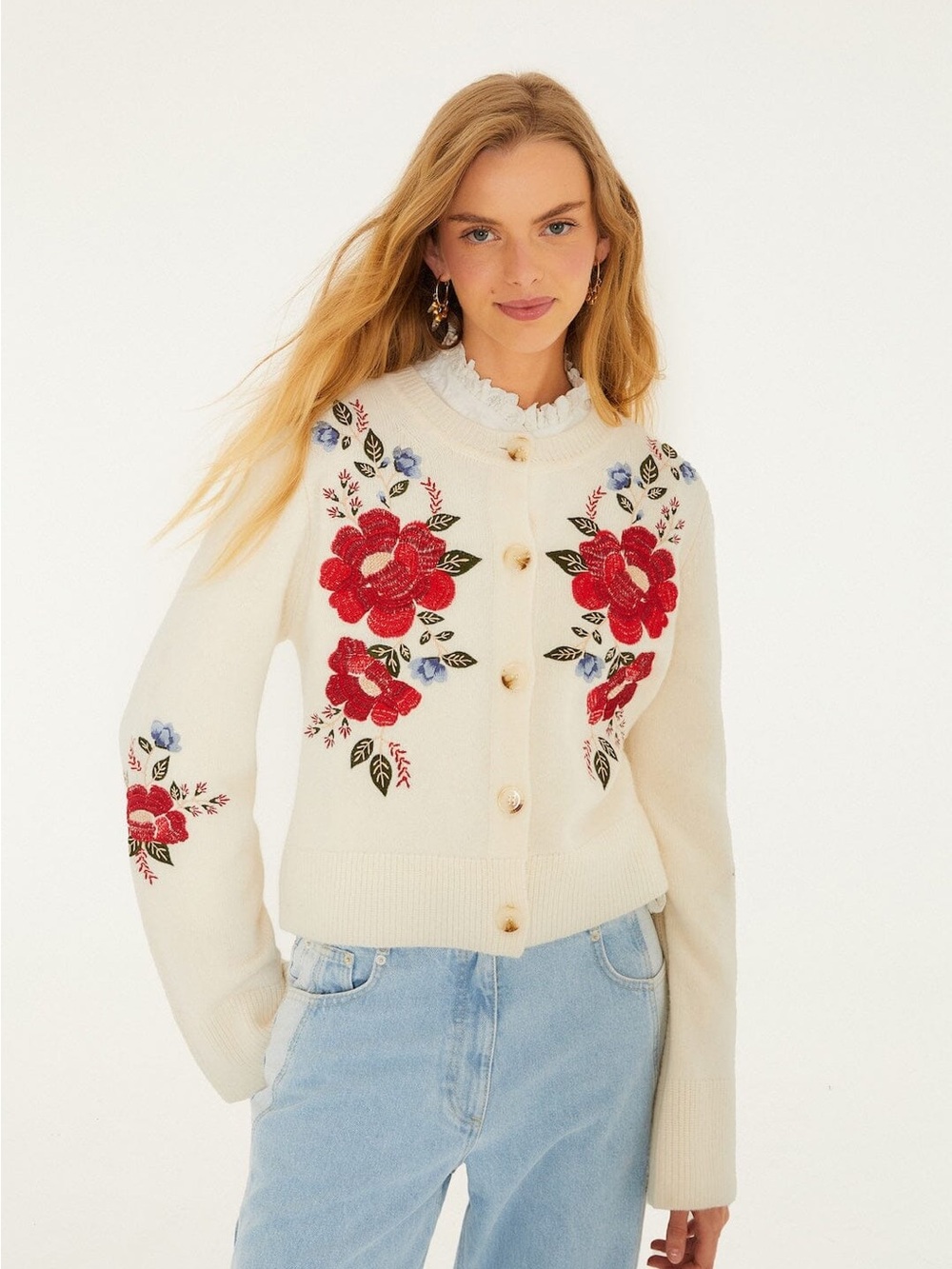 NWT Farm Rio Cream Embroidered Flowers Buttoned Knit Cardigan. Medium